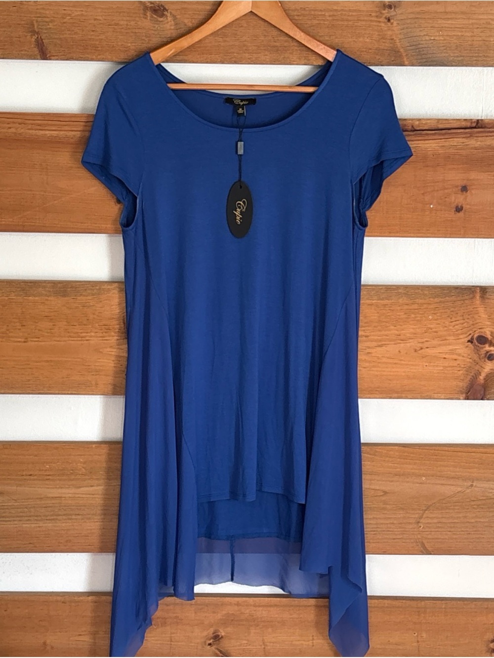 Cupio Long Tunic Top Solid Blue Short Sleeve Preppy Chic Tulle Bottom Size M